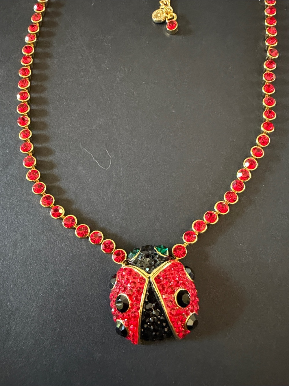 Red Rhinestone Butler and Wilson Ladybug Necklace in Gold Tone